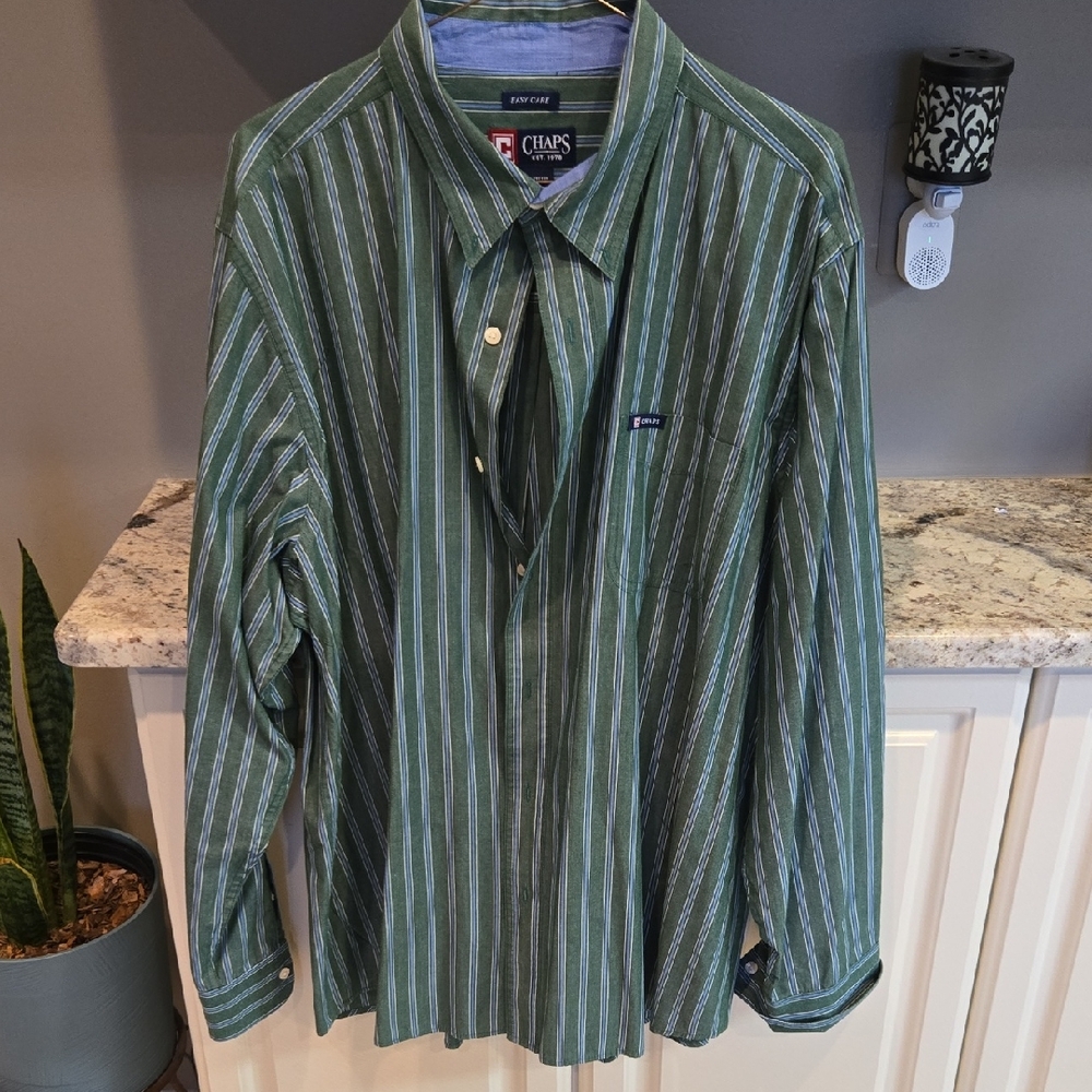 Chaps Men's Green Button Down Shirt w/ Blue & White Stripes XXL Polyester-Cotton